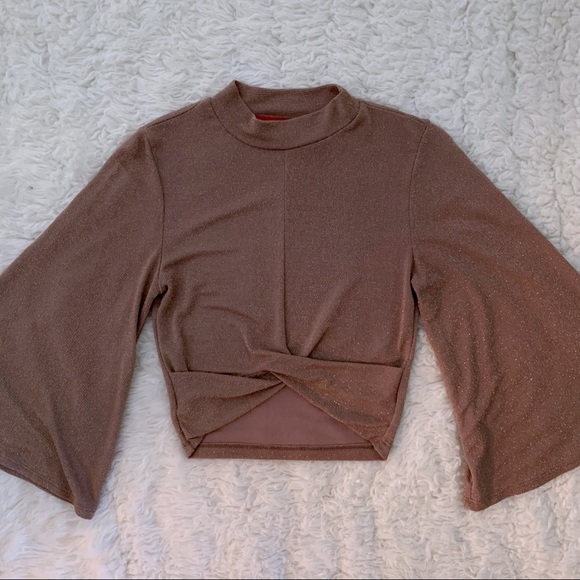 AKIRA 3/4 Wide Sleeve Mock Neck Knot Crop Top - Picture 2 of 7